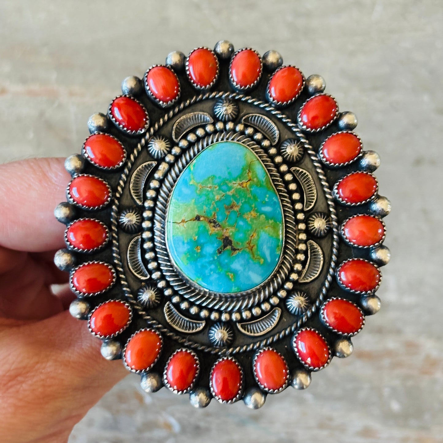 Navajo Hemerson Brown Sterling Silver - Red Coral & Sonoran Turquoise Statement Ring