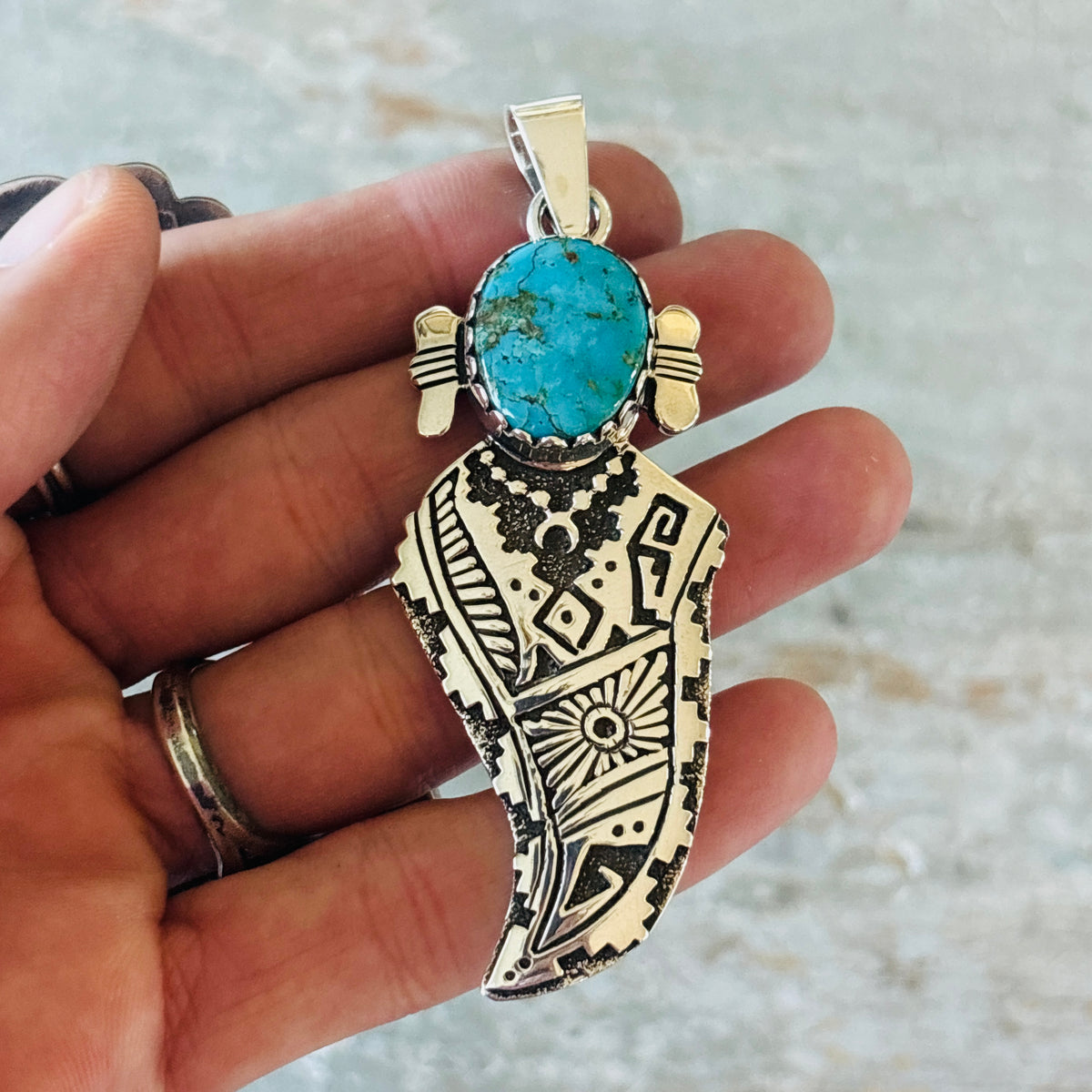 Navajo Sam Gray Sterling Silver & Kingman Turquoise Maiden Overlay Pendant