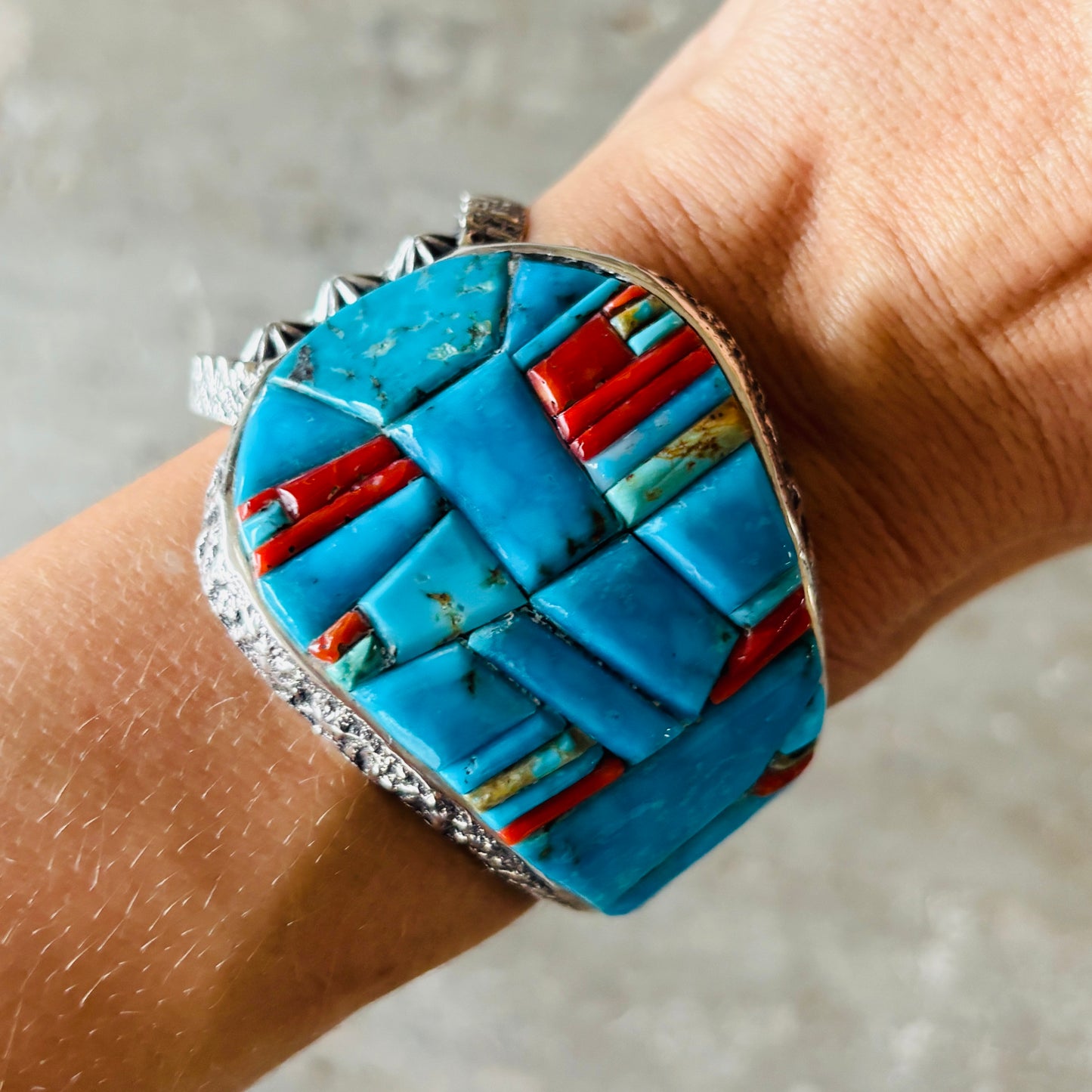 Navajo Lester James Sterling Silver - Red Coral & Kingman Turquoise Cobblestone Cuff