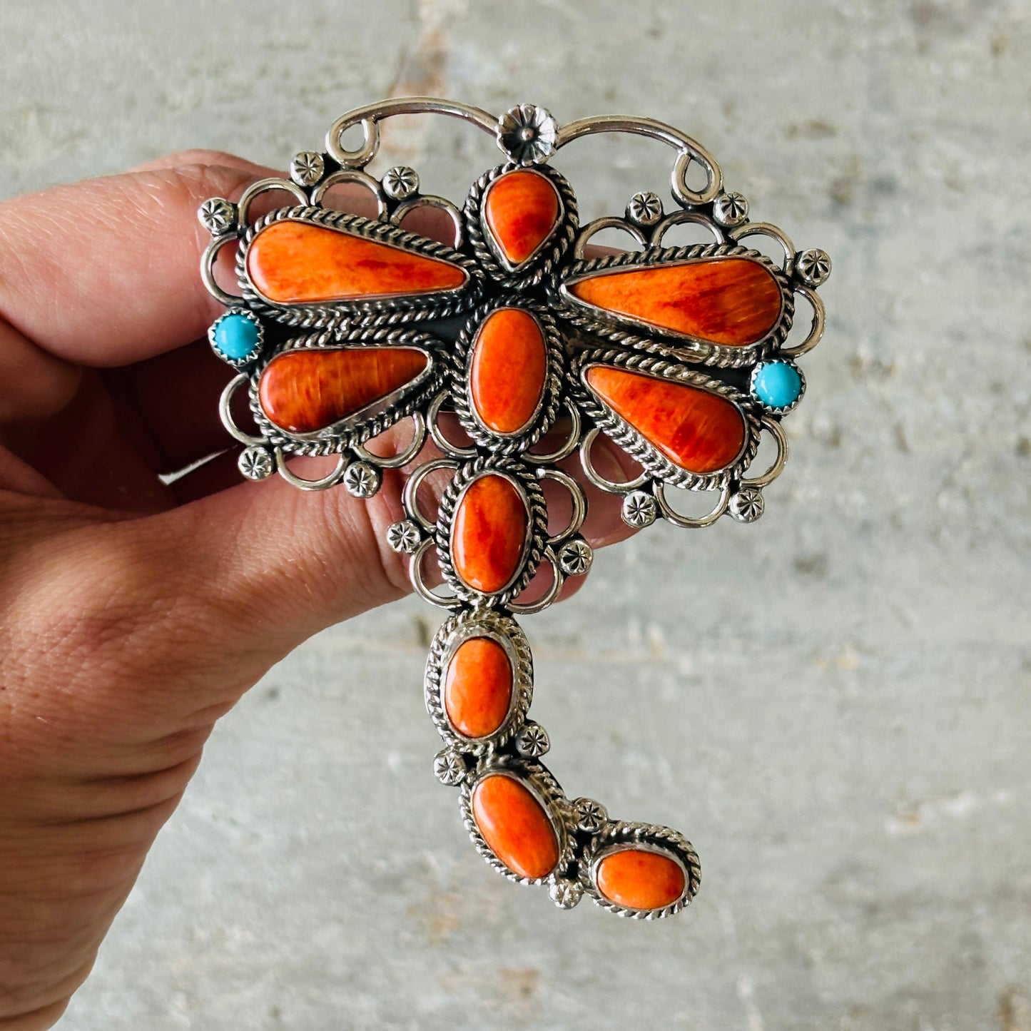 Navajo Hemerson Brown Sterling Silver - Orange Spiny & Sleeping Beauty Turquoise Dragonfly Ring