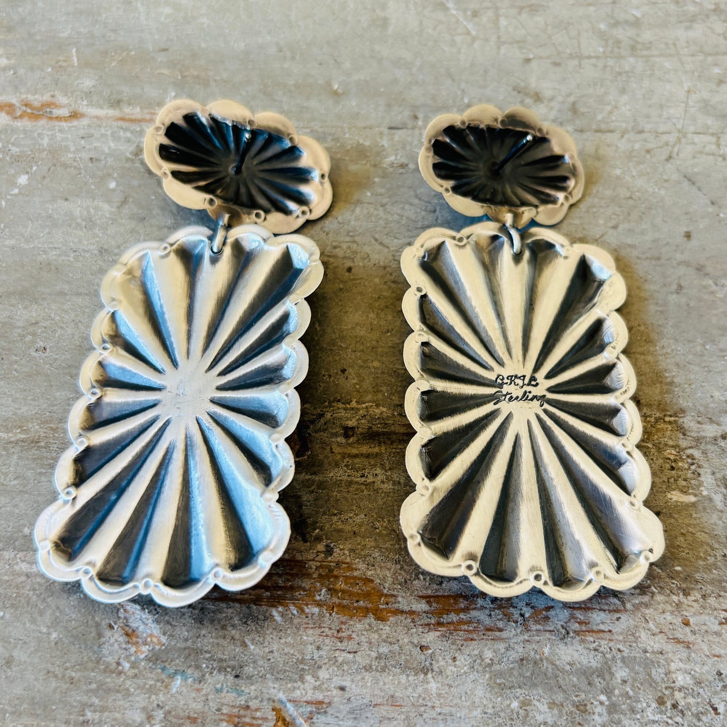 Navajo Glenn Livingston Sterling Silver & Waterweb Kingman Concho Earrings