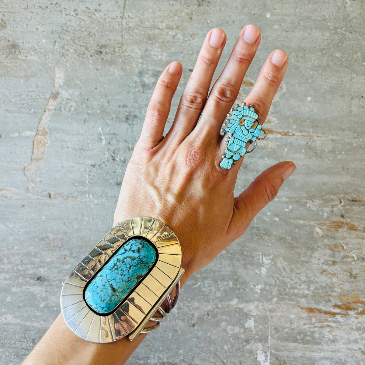 Vintage Zuni Larry Laate Sterling Silver & Turquoise Kachina Ring