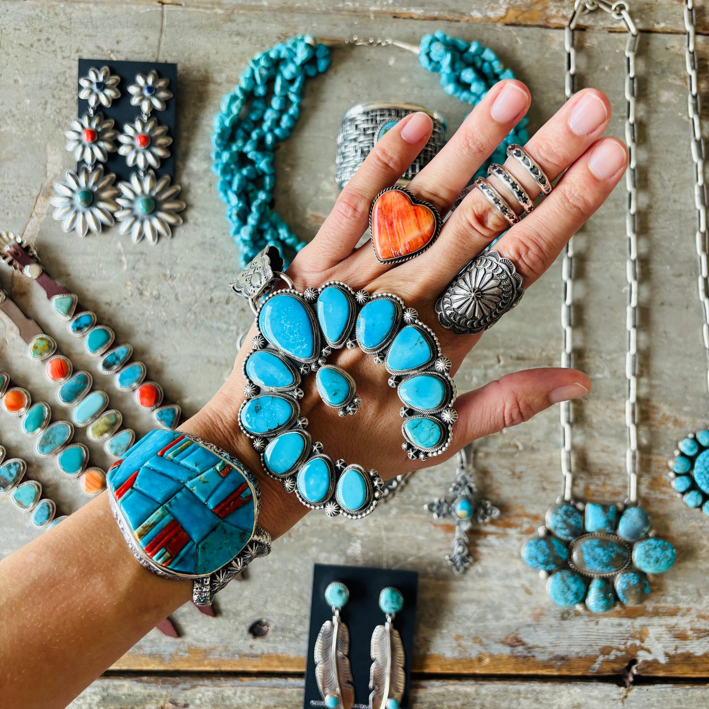 Navajo Lester James Sterling Silver - Red Coral & Kingman Turquoise Cobblestone Cuff