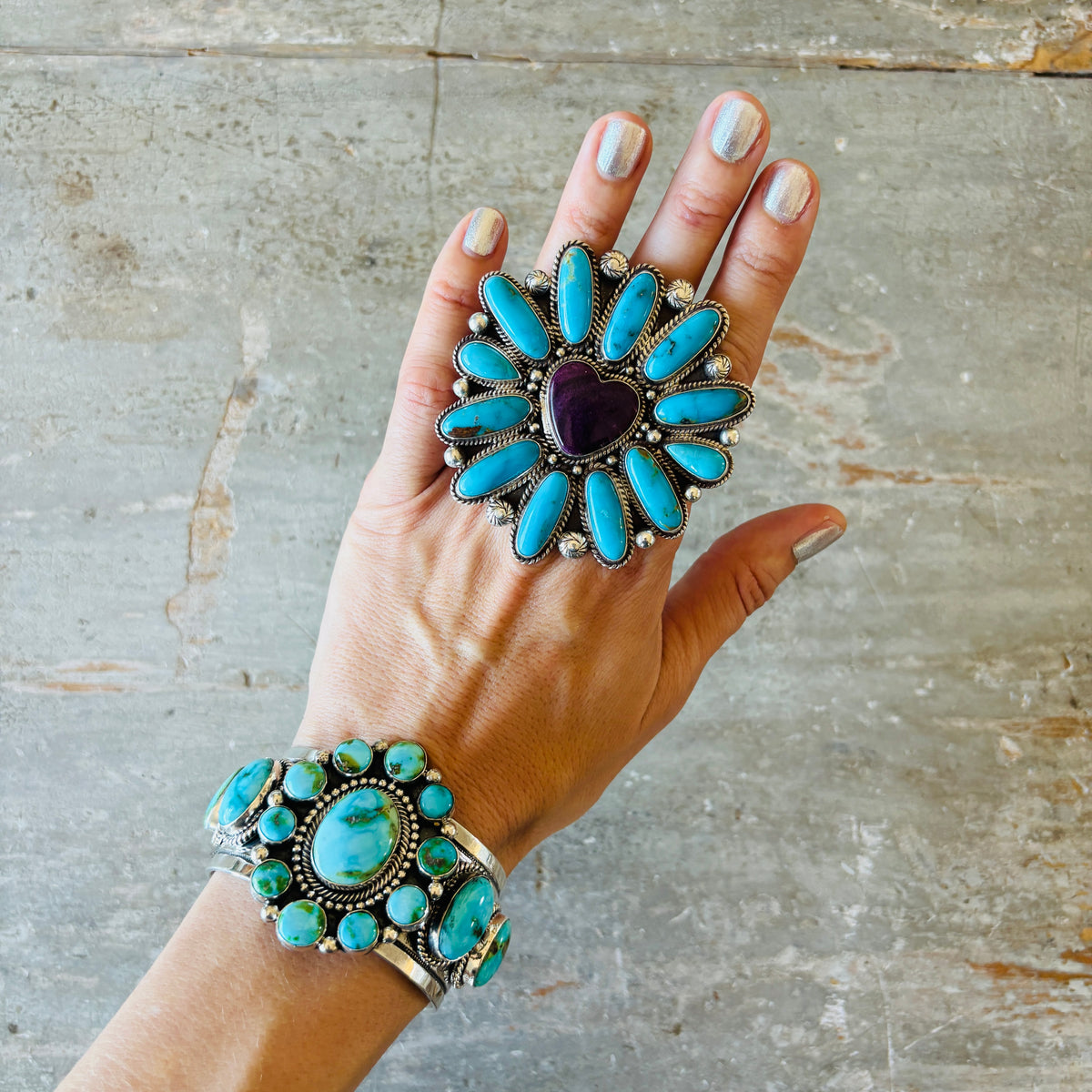 Navajo Tyler Brown Sterling Silver - Purple Spiny Oyster & Kingman Turquoise Heart Cluster Ring