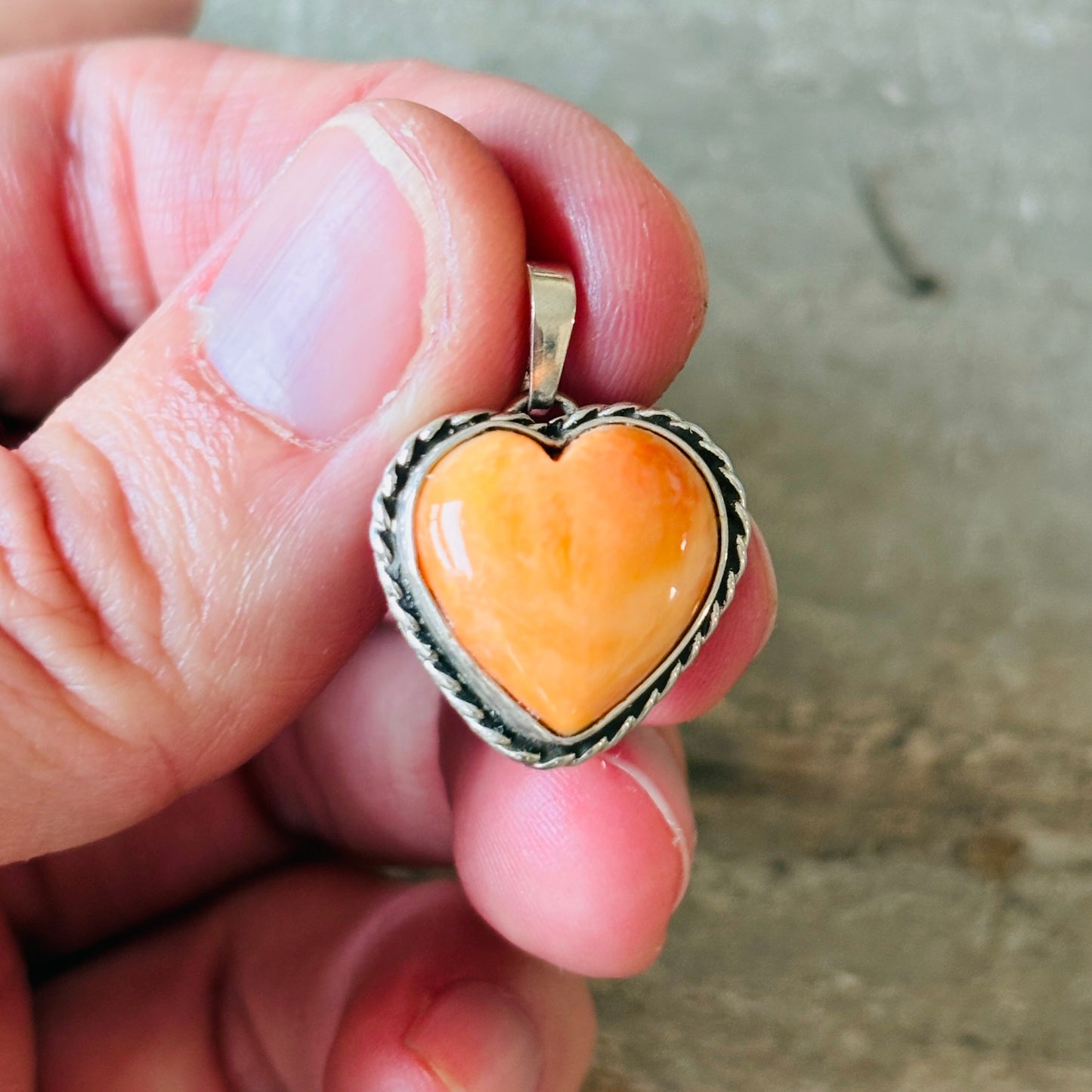 Navajo Pauline Nelson Sterling Silver & Orange Spiny Oyster Heart Pendant