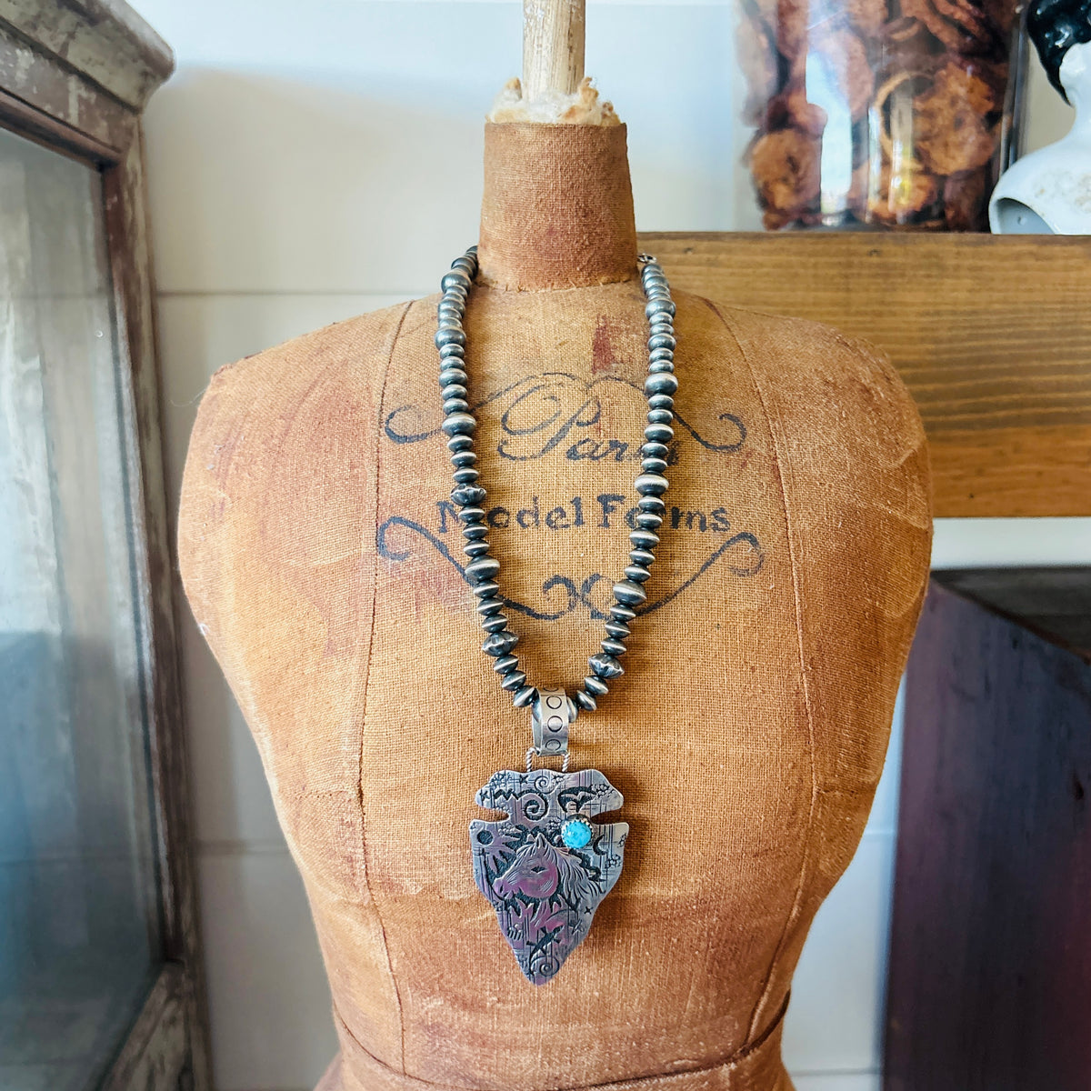Navajo Richard Singer Sterling Silver & Kingman Turquoise Arrowhead Horse Overlay Pendant