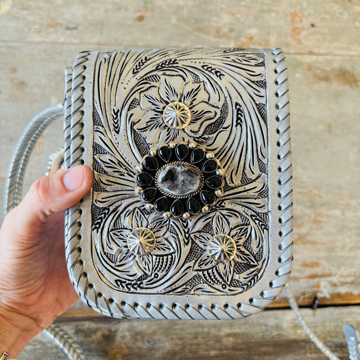 Navajo Hemerson Brown Sterling Silver - Black Onyx & Druzy Embellished Silver Leather Crossbody Bag