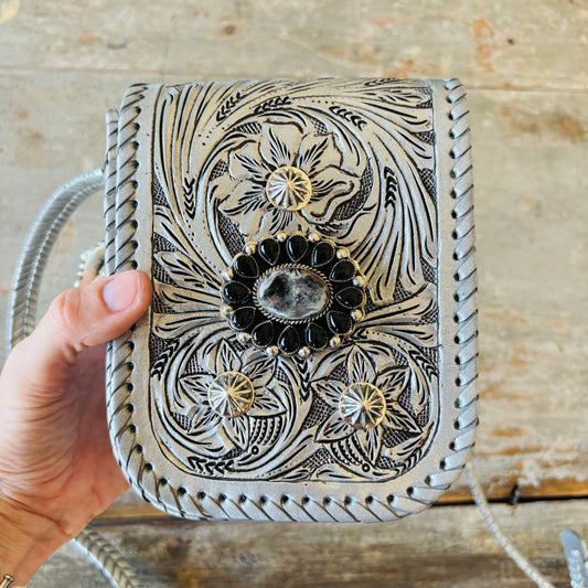 Navajo Hemerson Brown Sterling Silver - Black Onyx & Druzy Embellished Silver Leather Crossbody Bag