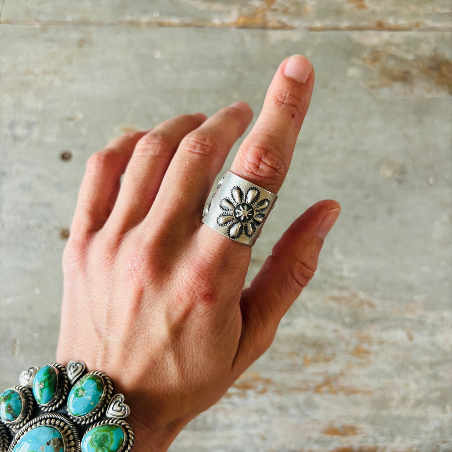 Navajo Robert Johnson Sterling Silver Floral Repousse Ring