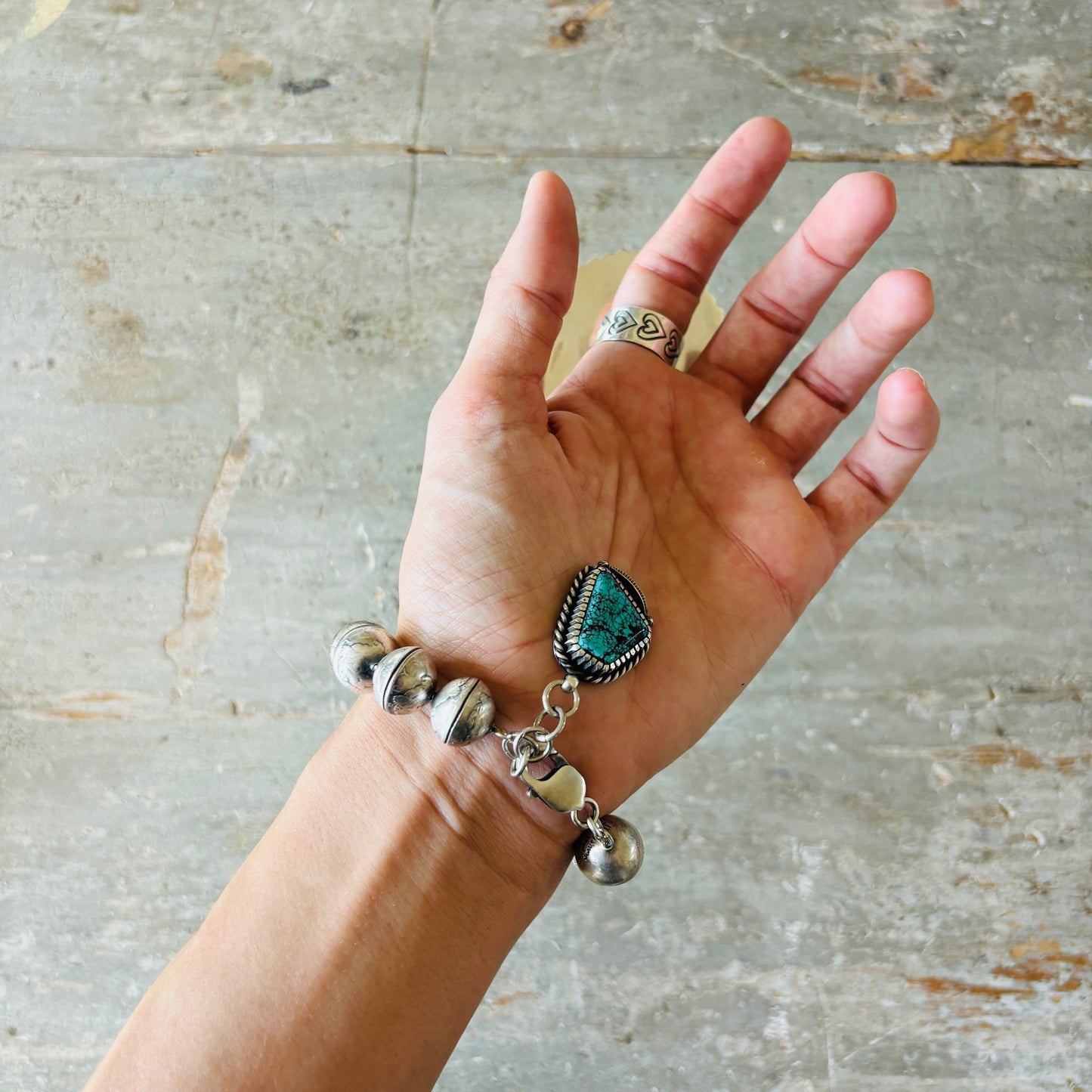 Navajo James McCabe Sterling Silver - Liberty Dime Beads & Turquoise Bracelet