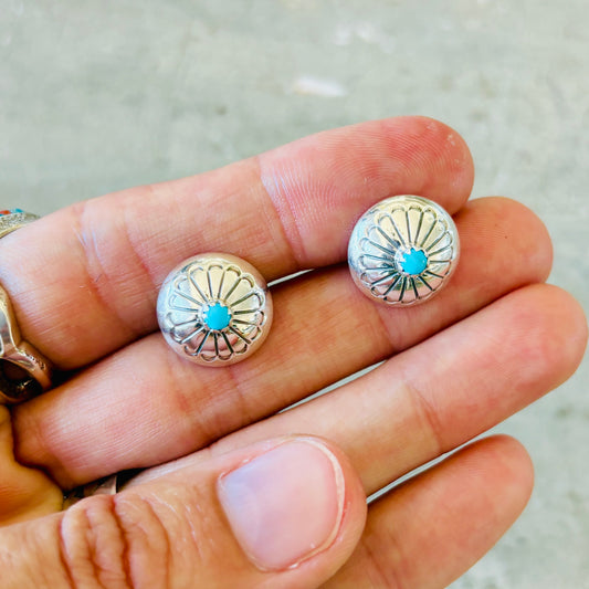 Navajo Marie Yazzie Sterling Silver & Turquoise Button Earrings