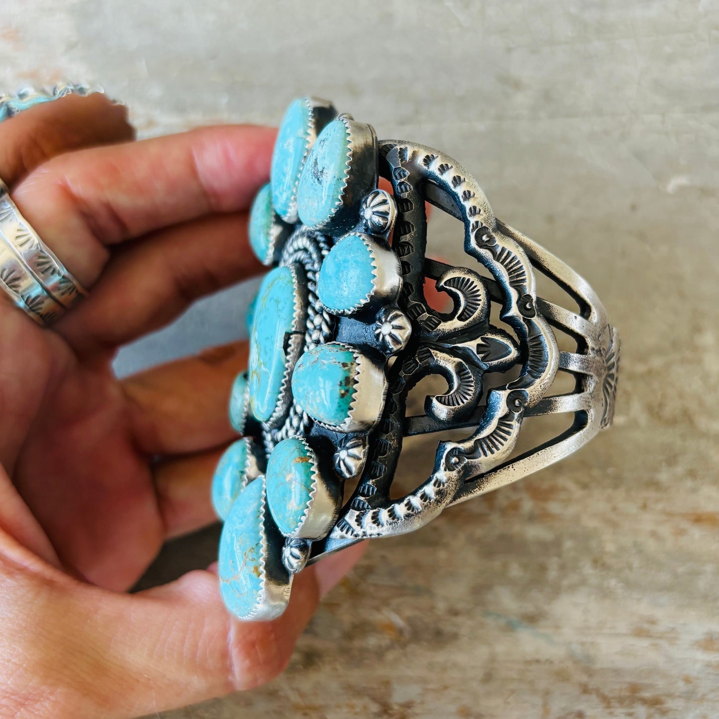 Navajo Kindale Billah Sterling Silver & Royston Turquoise Cluster Statement Cuff