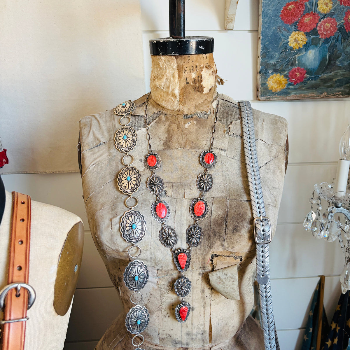 Navajo Leigha Cleveland Sterling Silver & Red Spiny Oyster Statement Lariat Necklace