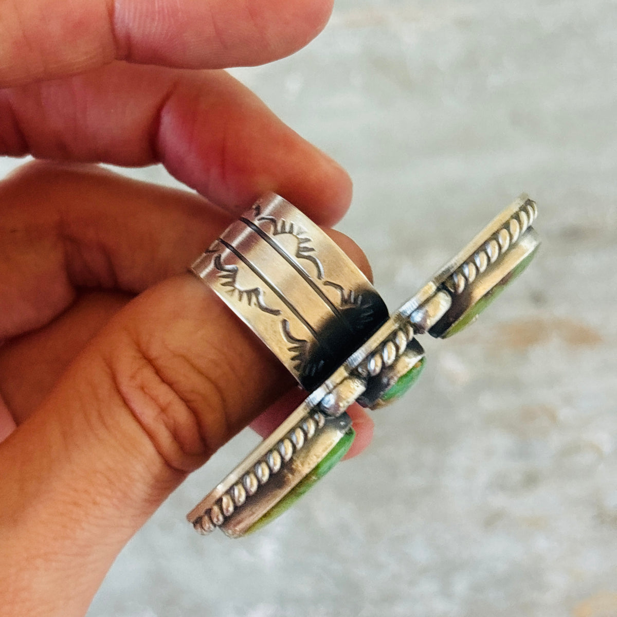 Navajo Delbert Secatero Sterling Silver & Sonoran Turquoise Three Stone Ring