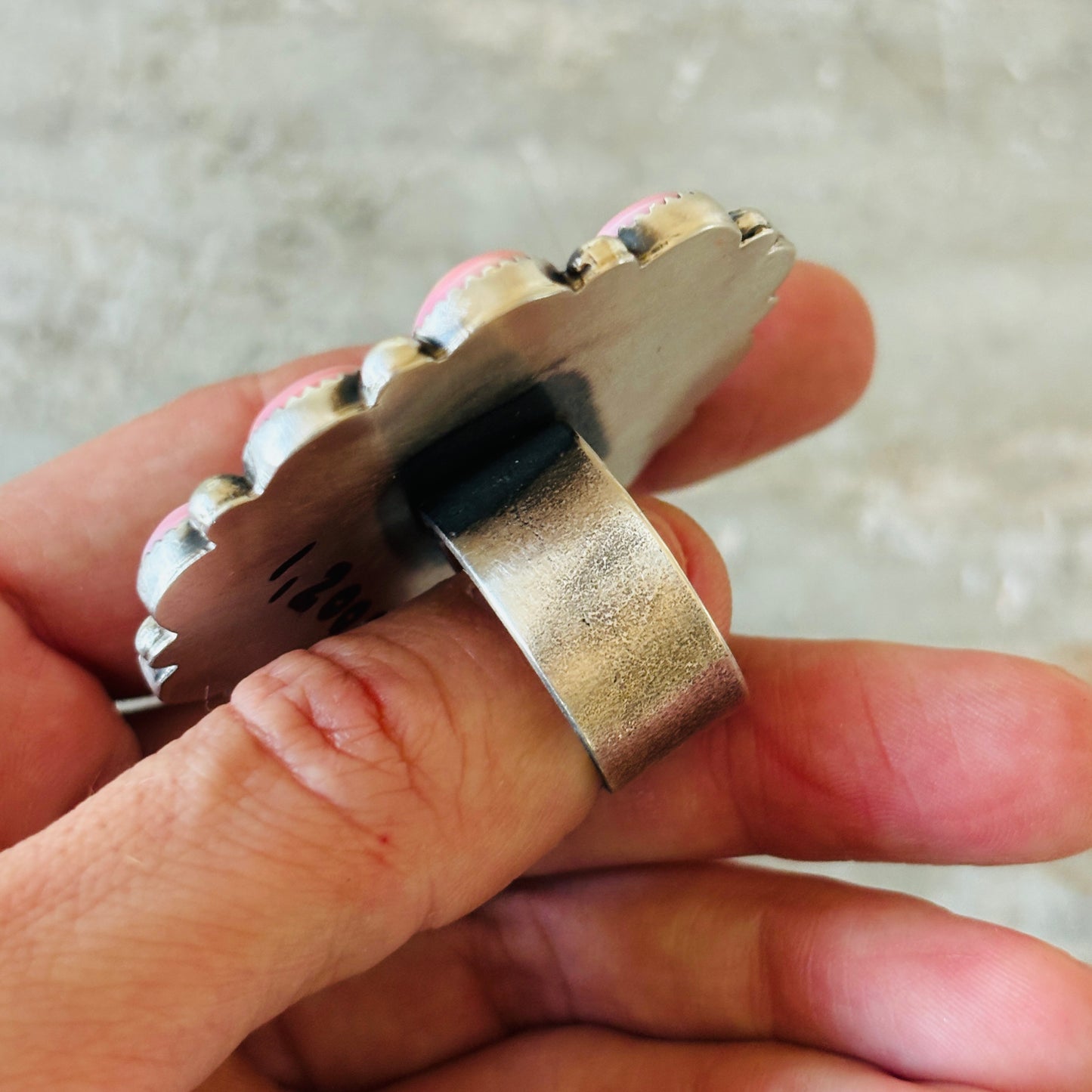 Navajo Kindale Billah Sterling Silver & Pink Conch Highland Cow Ring