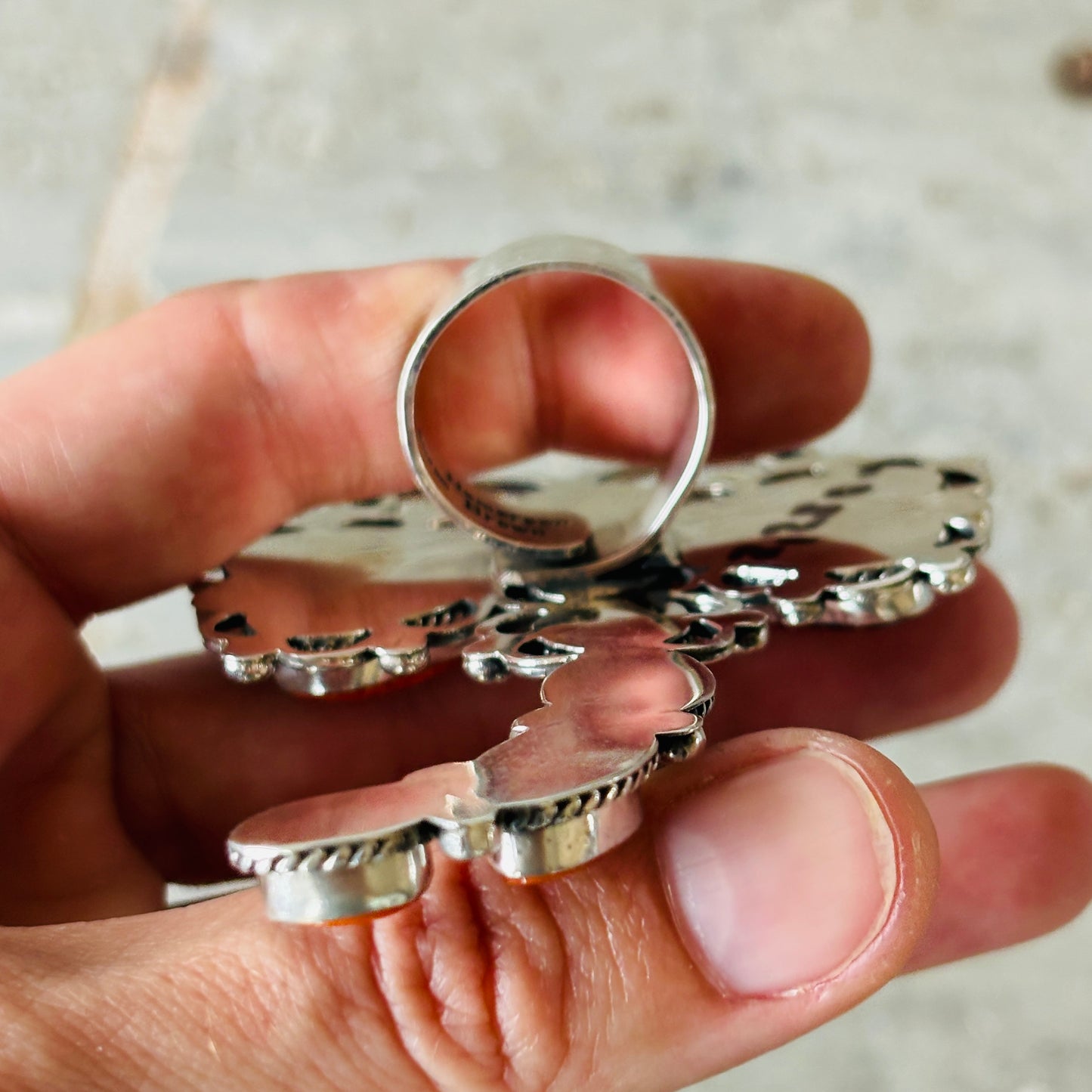 Navajo Hemerson Brown Sterling Silver - Orange Spiny & Sleeping Beauty Turquoise Dragonfly Ring