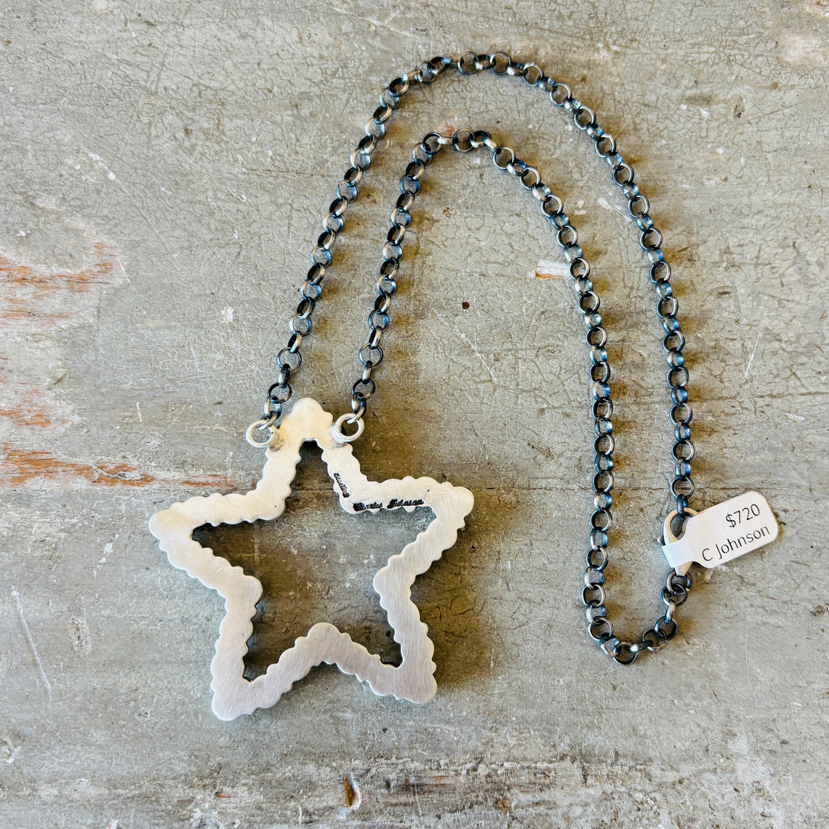 Navajo Charles Johnson Sterling Silver & Kingman Turquoise Star Cluster Bar Necklace