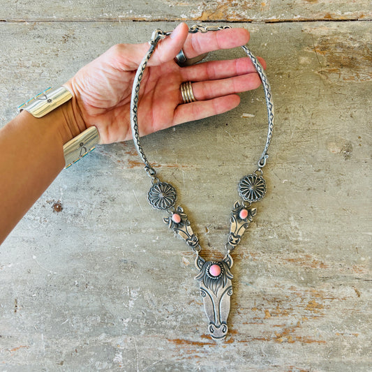 Navajo Kindale Billah Sterling Silver & Pink Conch Horses Necklace