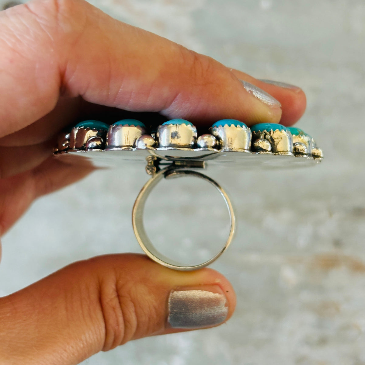 Navajo Hemerson Brown Sterling Silver & Blackjack - Kingman Turquoise Cluster Ring