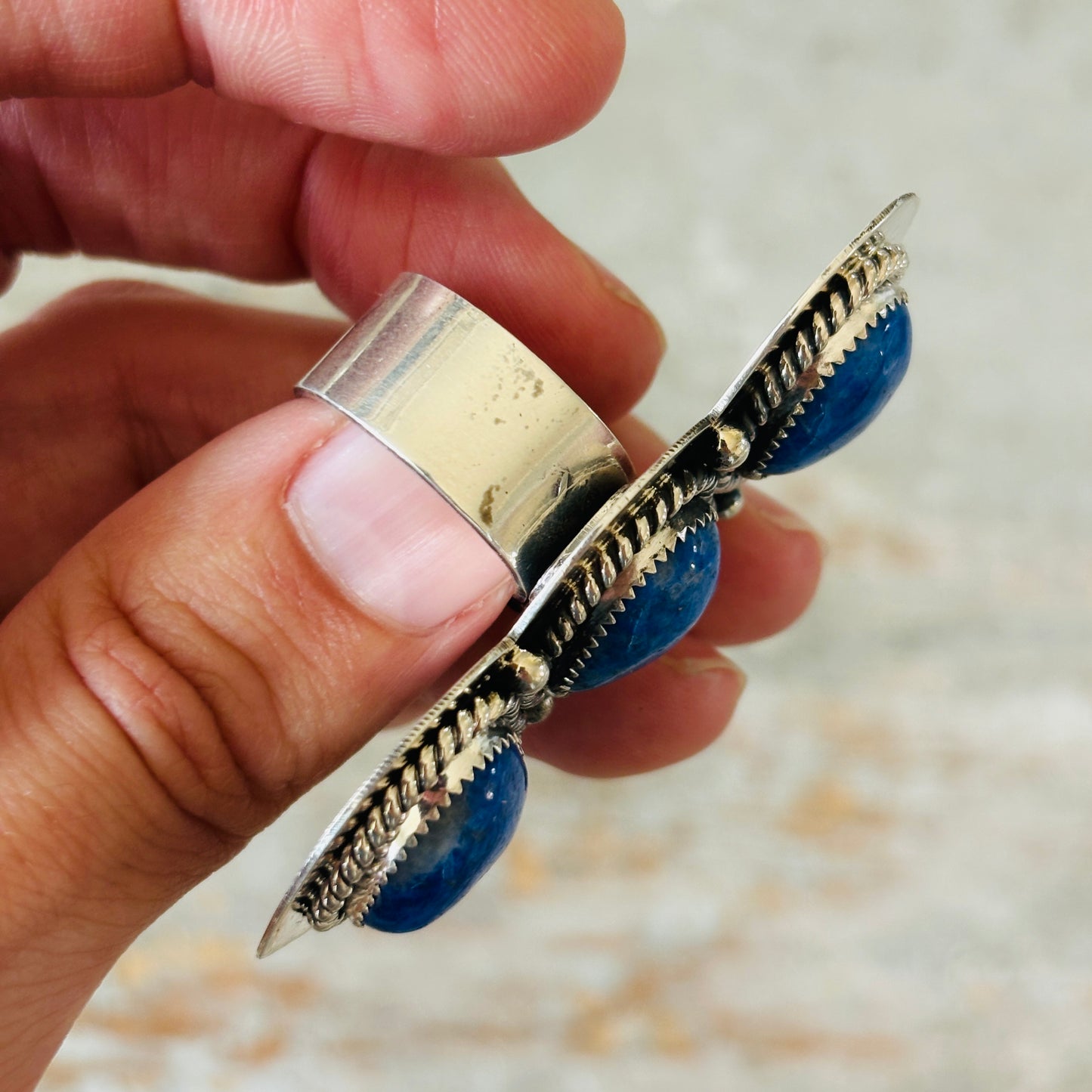 Navajo Hemerson Brown Sterling Silver & Lapis Three Stone Heart Ring