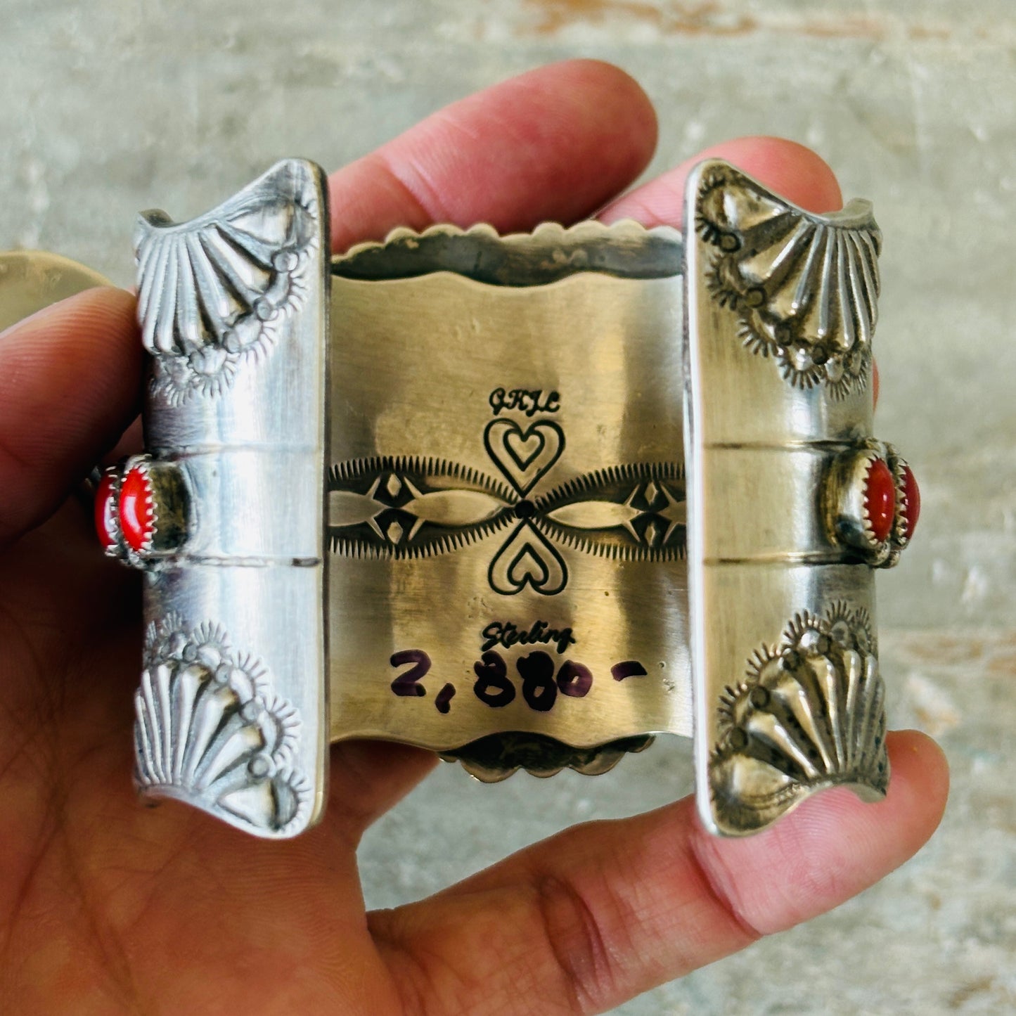 Navajo Glenn Livingston Sterling Silver - Red Coral & Wild Horse Jasper Heart Statement Cuff