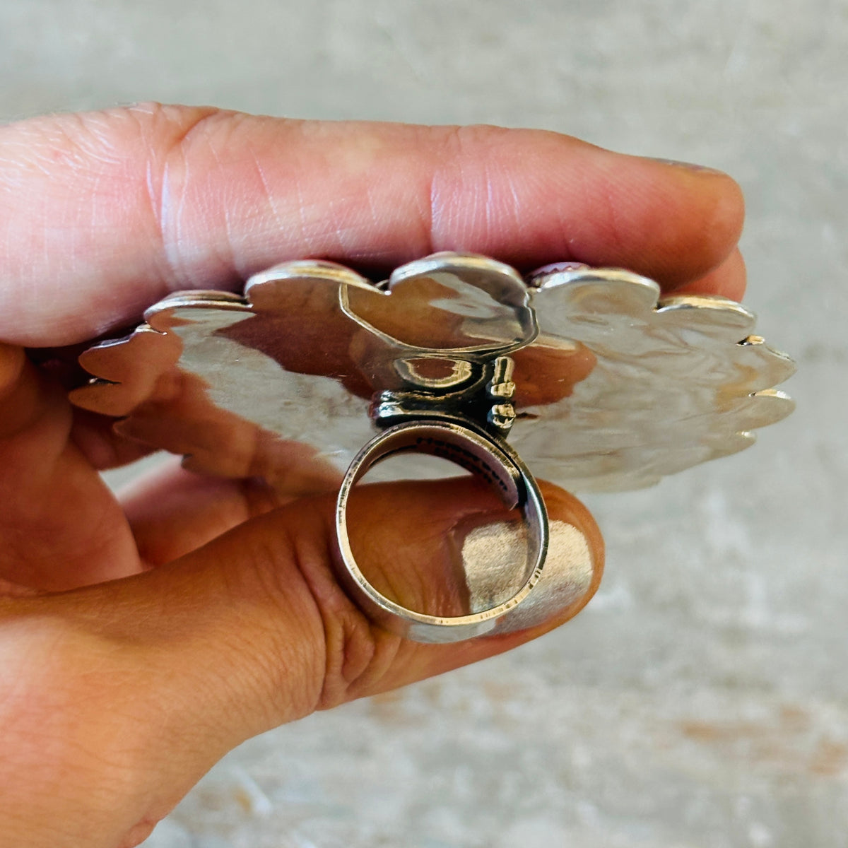 Navajo Hemerson Brown Sterling Silver & Pink Conch Cluster Statement Ring