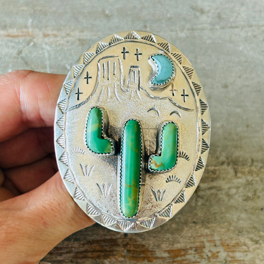 Navajo Hemerson Brown Sterling Silver & Kingman Turquoise Cactus Ring