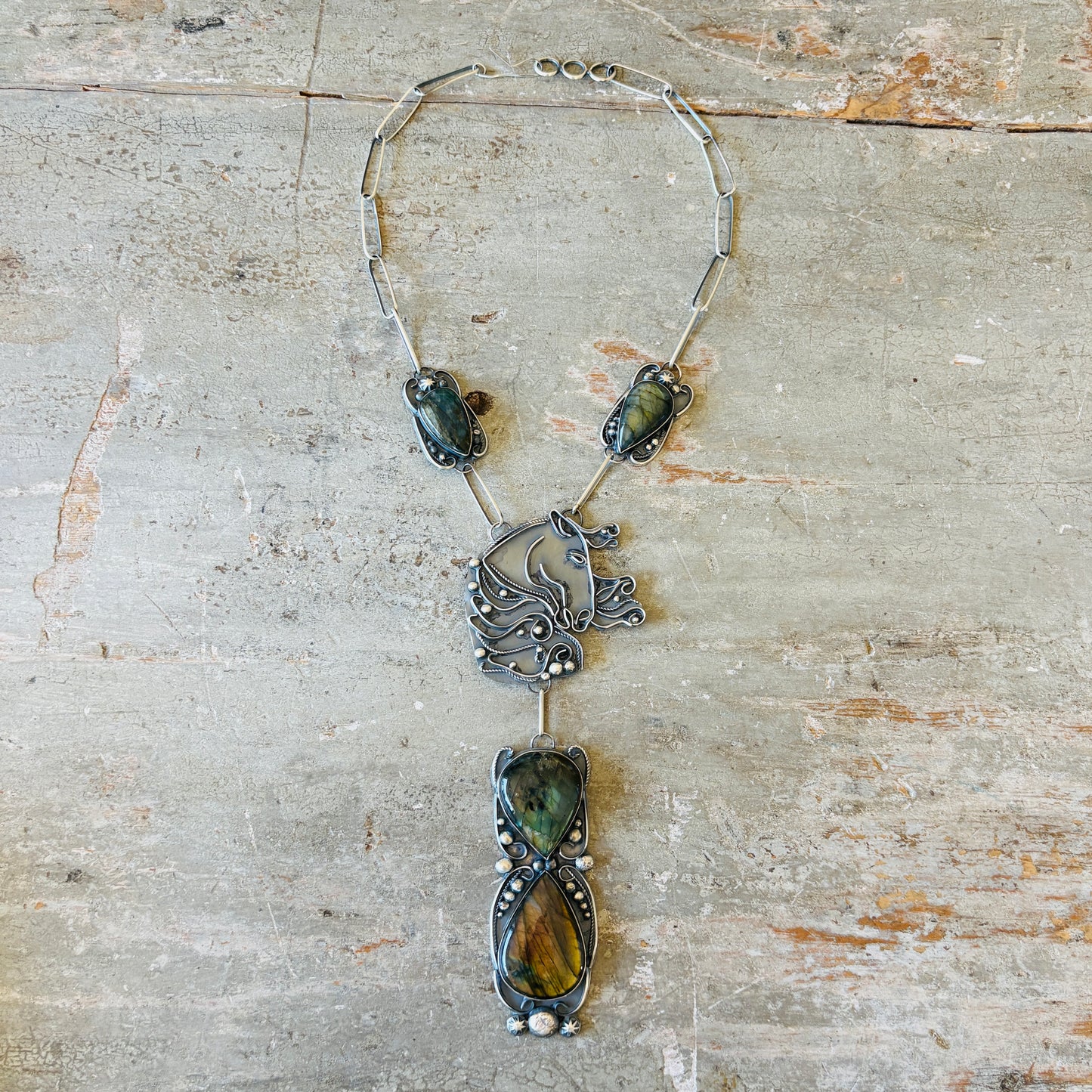Navajo Miranda Willie Sterling Silver & Labradorite Horse Statement Necklace