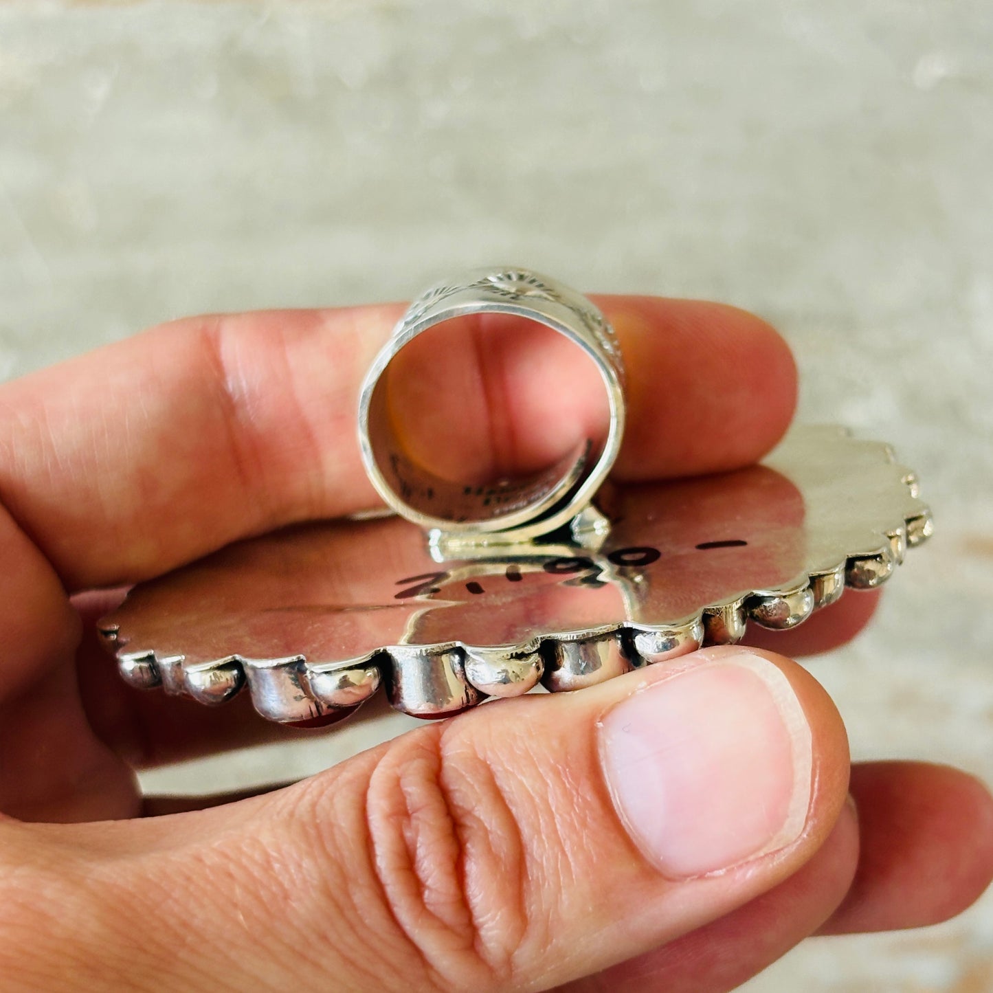 Navajo Hemerson Brown Sterling Silver - Sonoran Turquoise & Mediterranean Red Coral Cluster Statement Ring