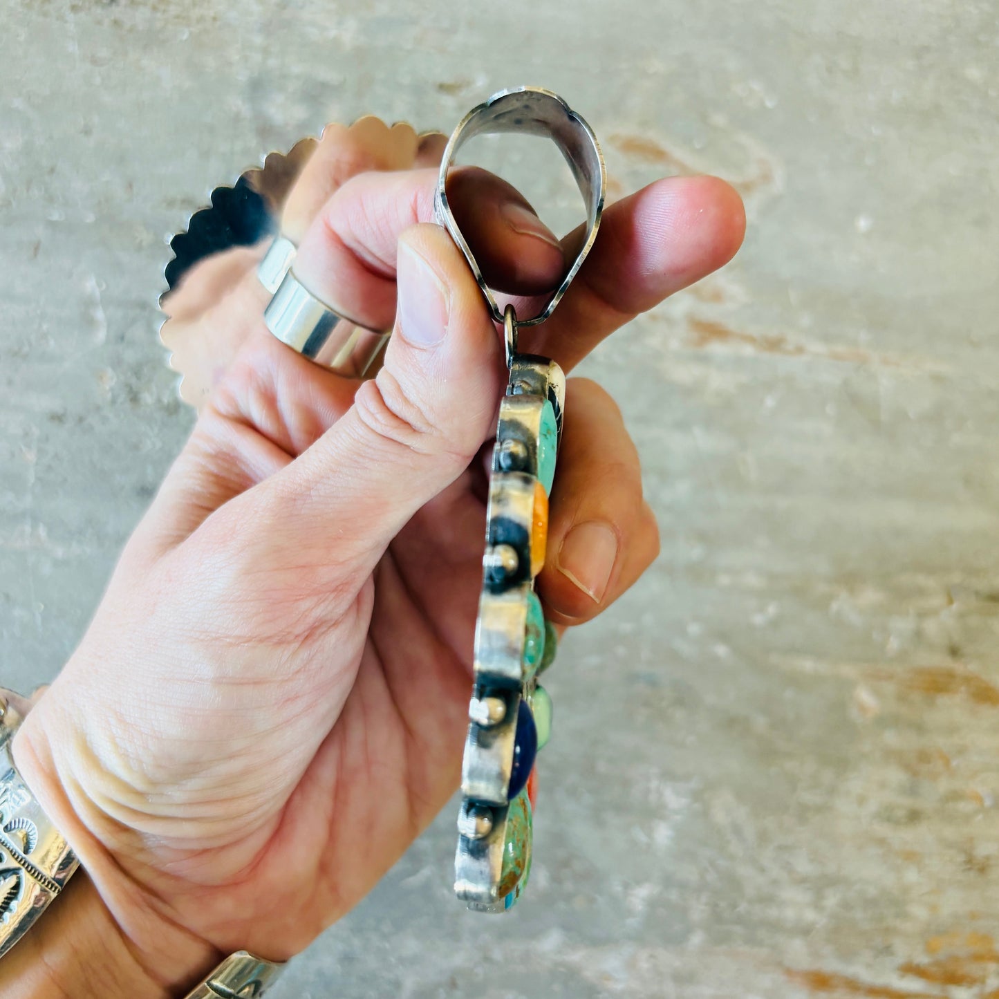 Navajo Robert Johnson Sterling Silver Multi Stone 1oz Silver Round Cluster Pendant