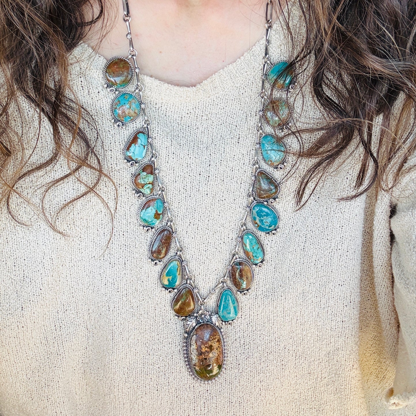 Navajo Brenda Jimenez Sterling Silver - Royston & Pilot Mountain Turquoise Waterfall Statement Necklace