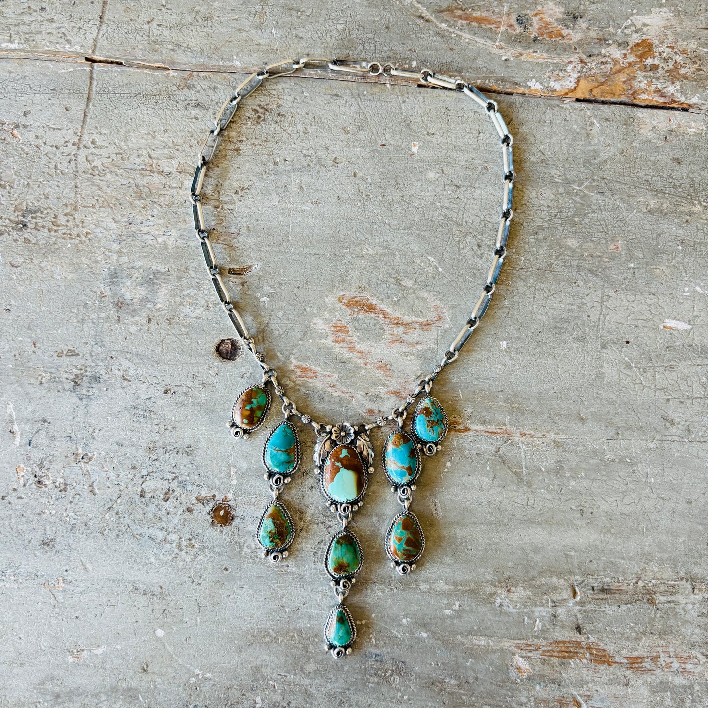 Navajo Brenda Jimenez Sterling Silver - Royston & Pilot Mountain Turquoise Waterfall Statement Necklace