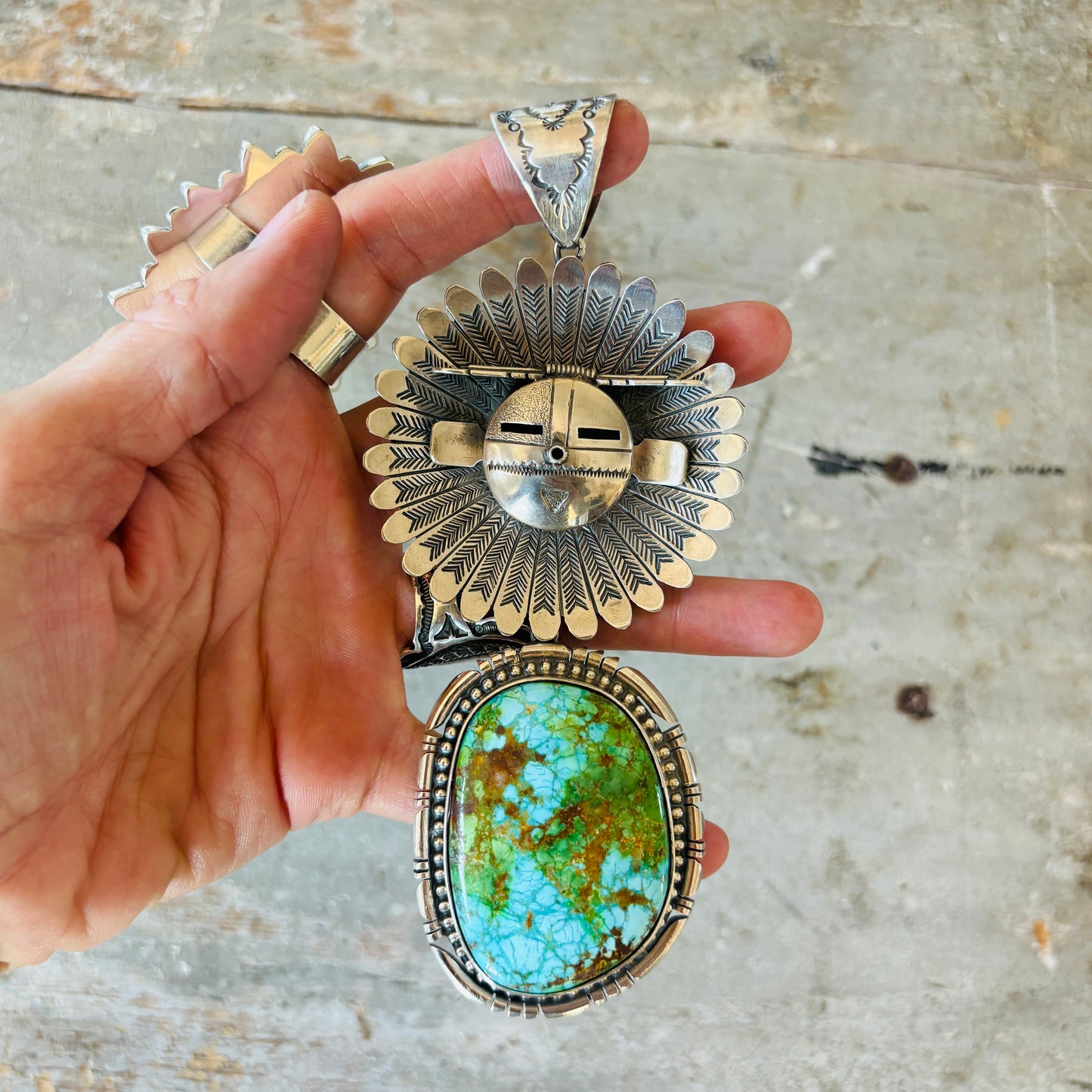 Navajo Fred Charley Sterling Silver & Sonoran Sun Face Statement Pendant