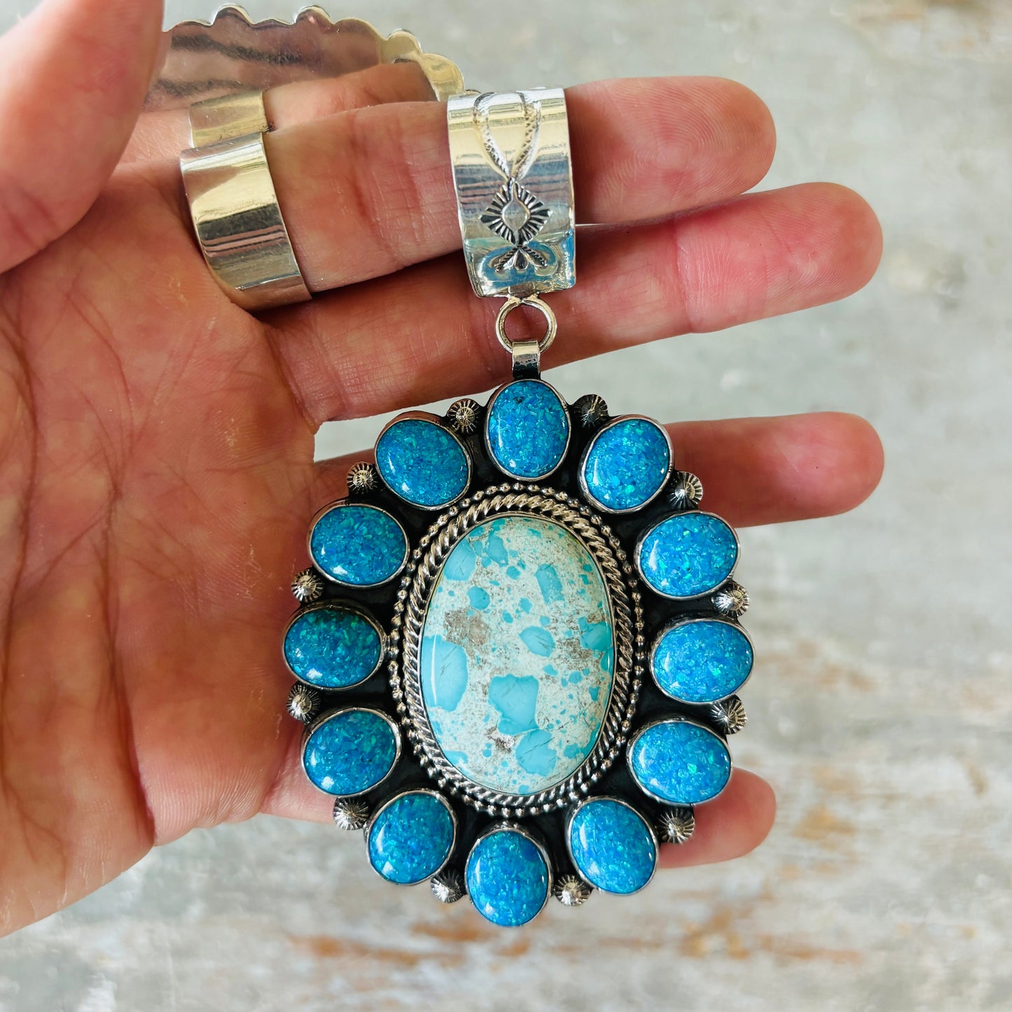 Navajo Hemerson Brown Sterling Silver - Sonoran Turquoise & Blue Lab Opal Cluster Statement Pendant
