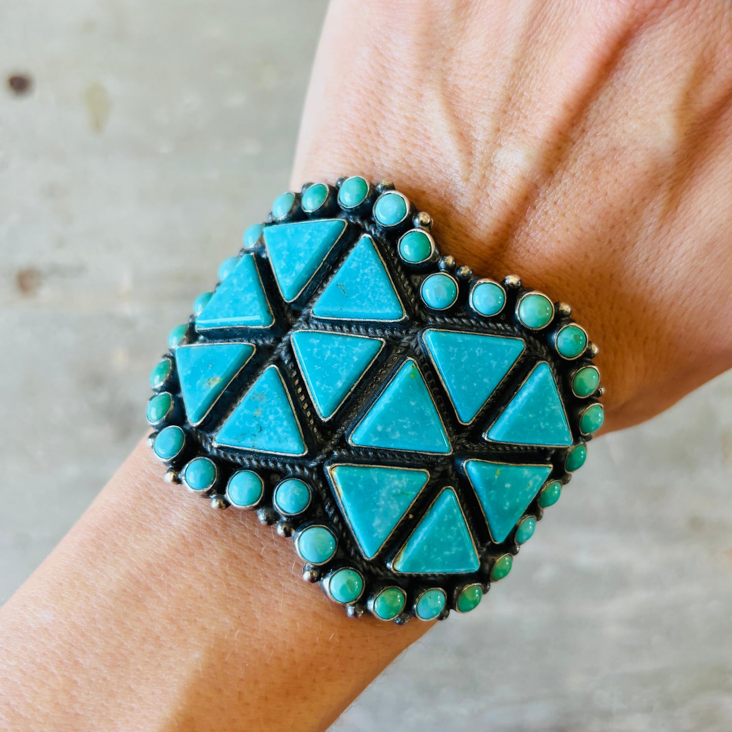 Navajo Anthony Skeets Sterling Silver & Kingman Turquoise Cluster Statement Cuff