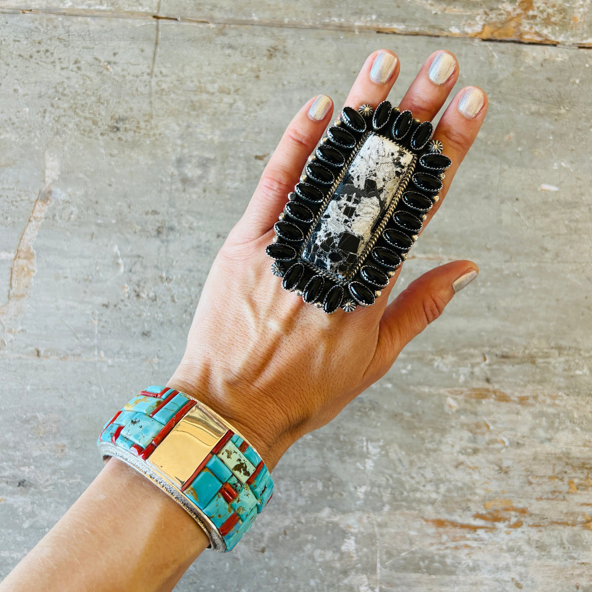 Navajo Lester James Sterling Silver - Red Coral & Multi Turquoise Cobblestone Cuff