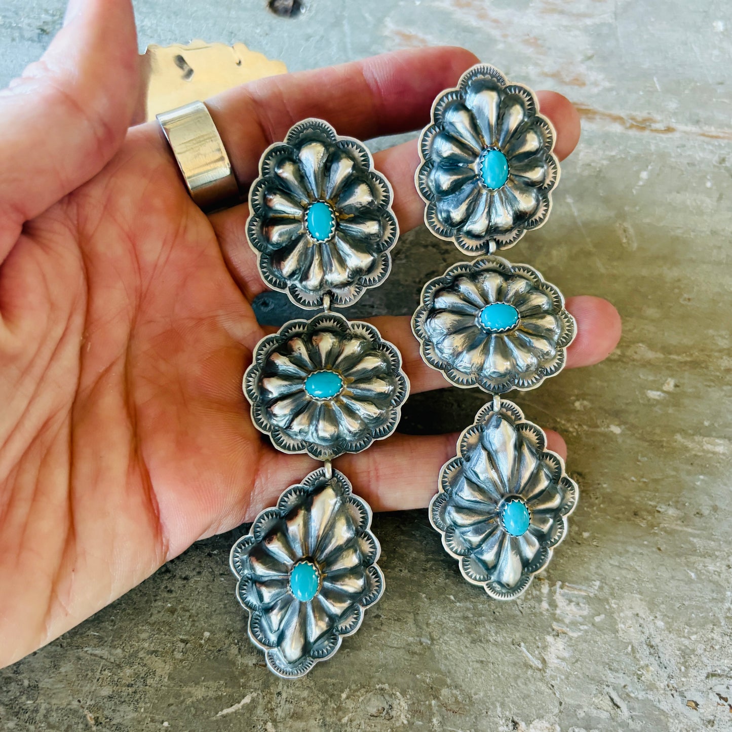 Navajo Rita Lee Sterling Silver & Kingman Turquoise Concho Earrings