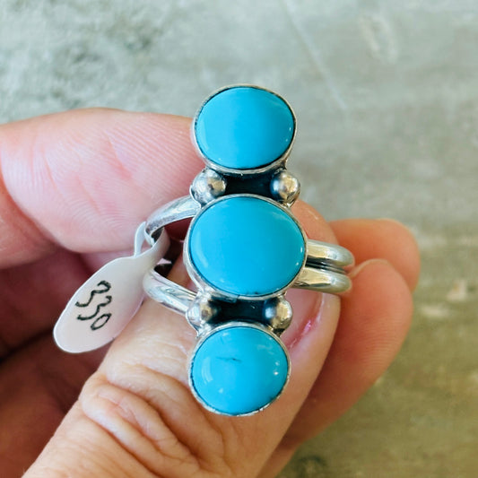 Navajo Mildred Parkhurst Sterling Silver & Blue Ridge Three Stone Turquoise Ring