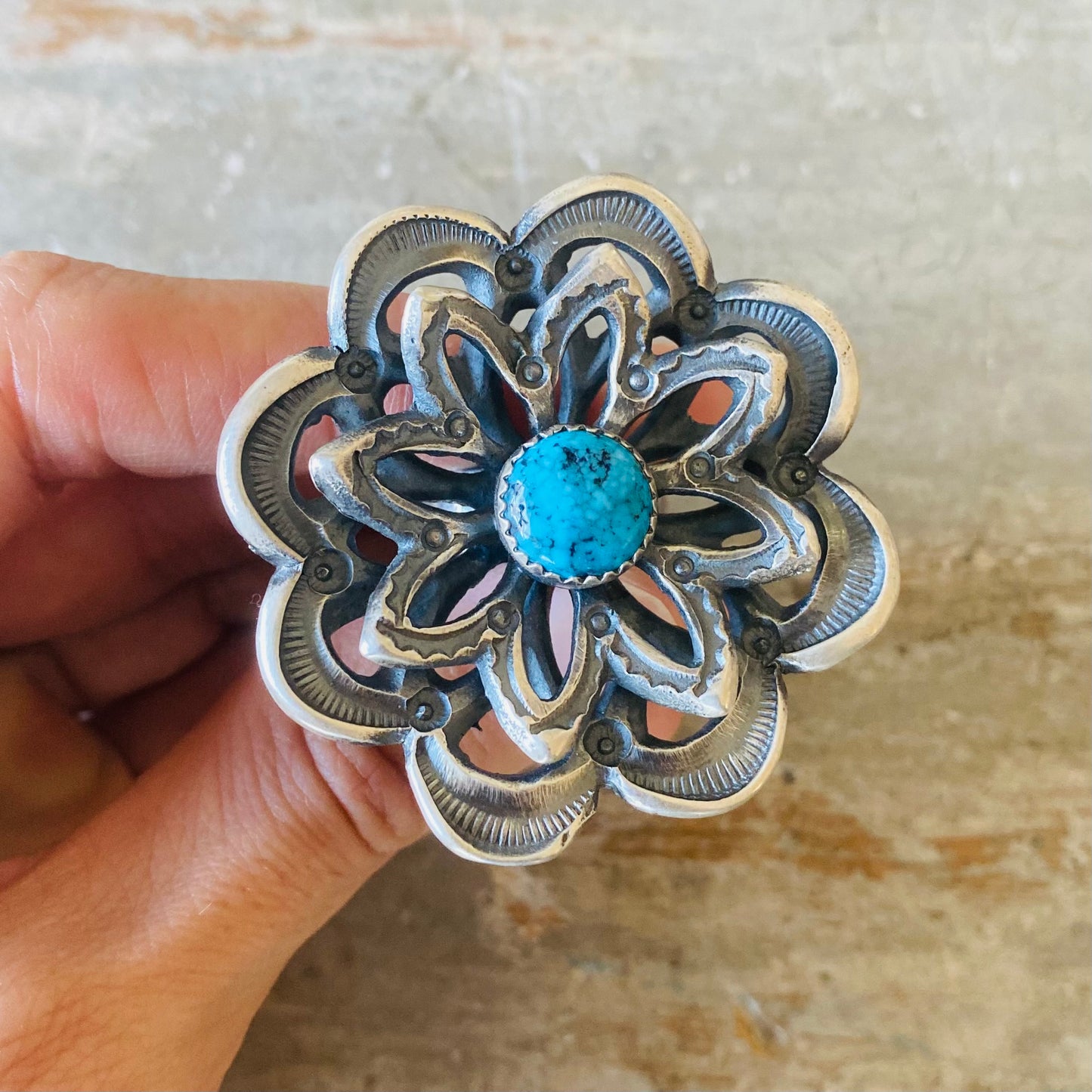 Navajo Kevin Billah Sterling Silver & Turquoise Flower Ring