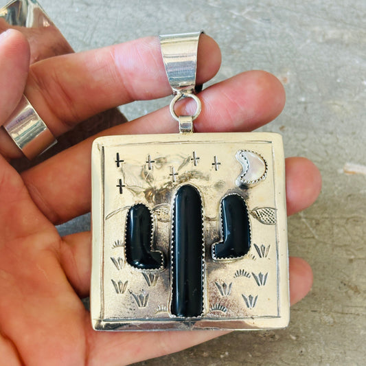 Navajo Hemerson Brown Sterling Silver - Shell & Black Onyx Cactus Pendant