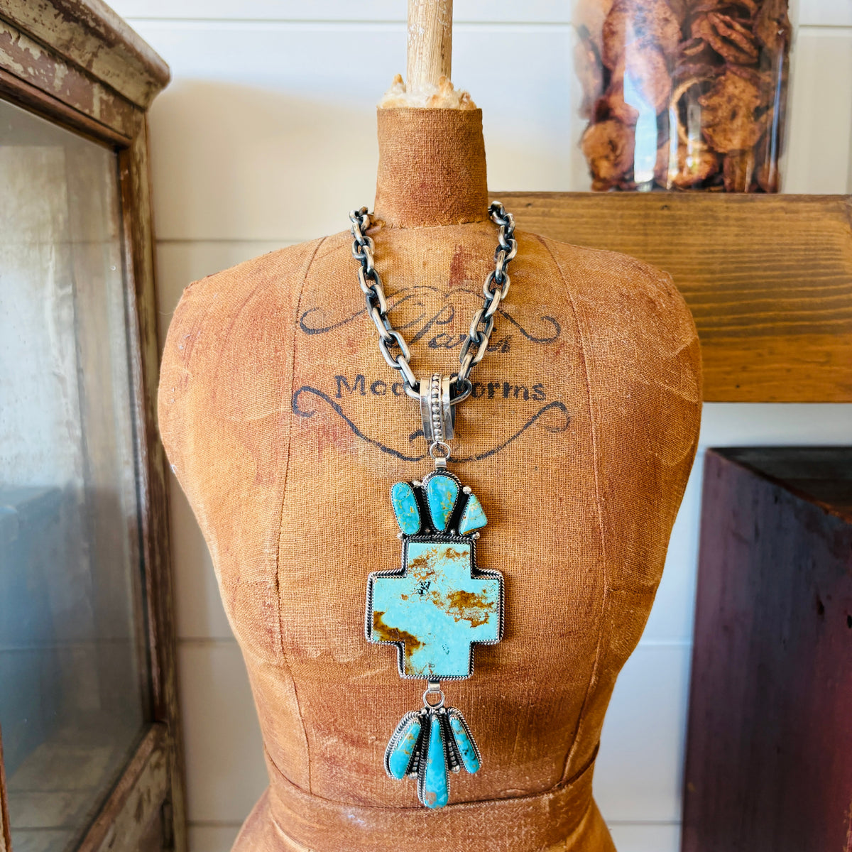 Navajo Hemerson Brown Sterling Silver & Kingman Turquoise Statement Pendant