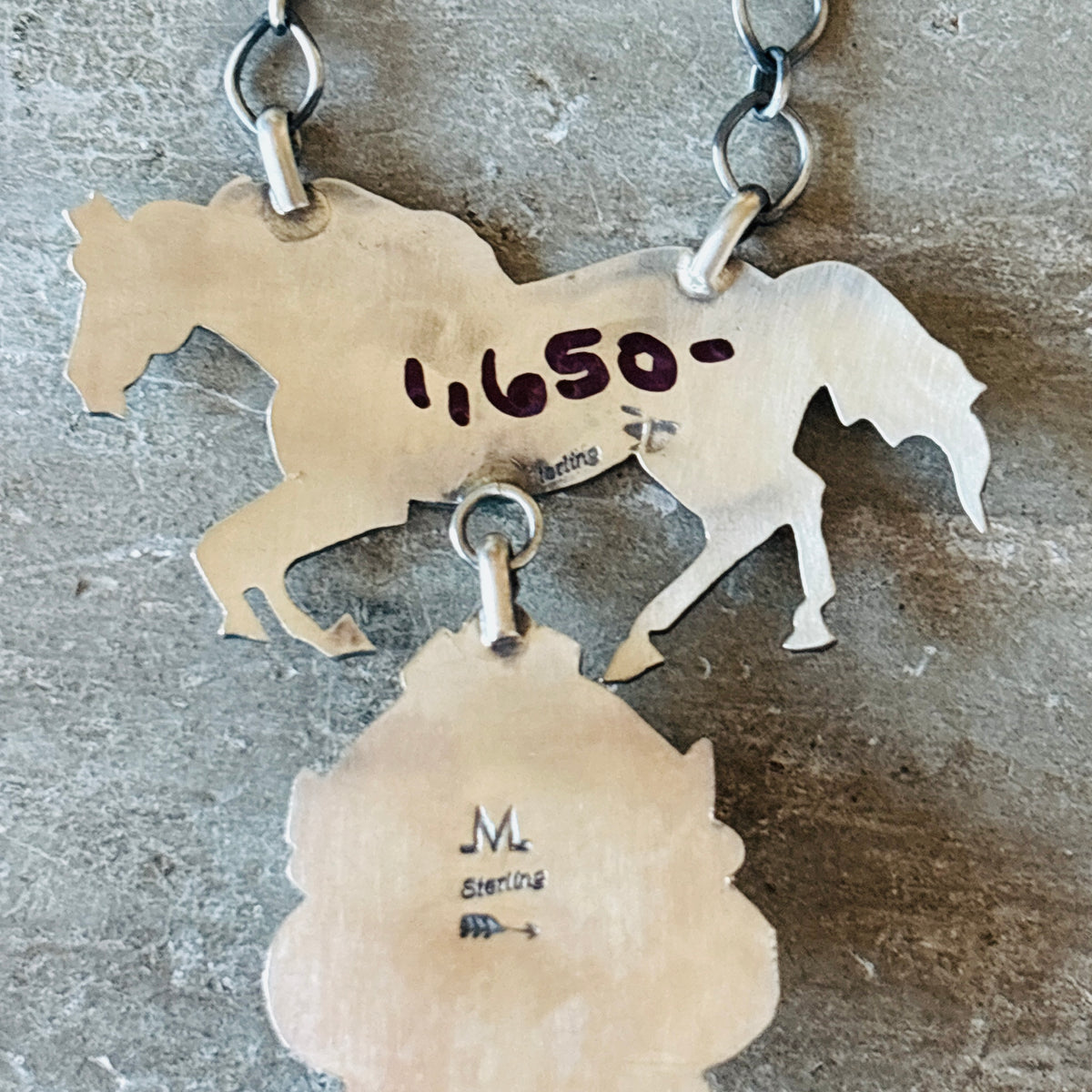 Navajo Juanita McDona Sterling Silver & Royston Turquoise Horse Overlay Necklace
