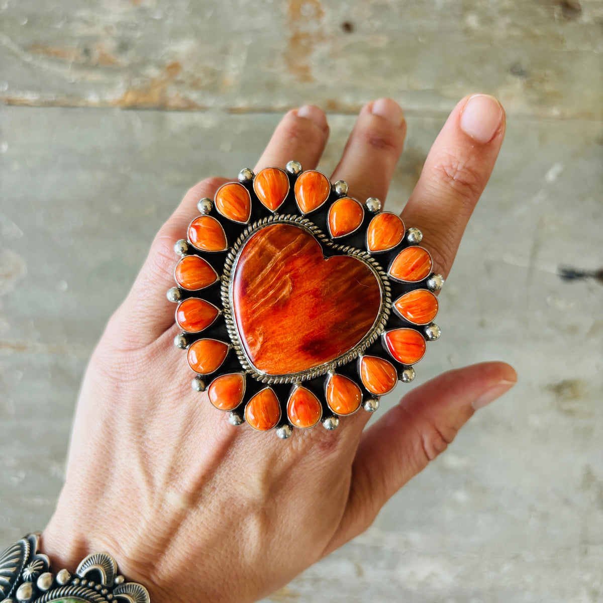 Navajo Tyler Brown Sterling Silver & Orange Spiny Oyster Heart Cluster Ring