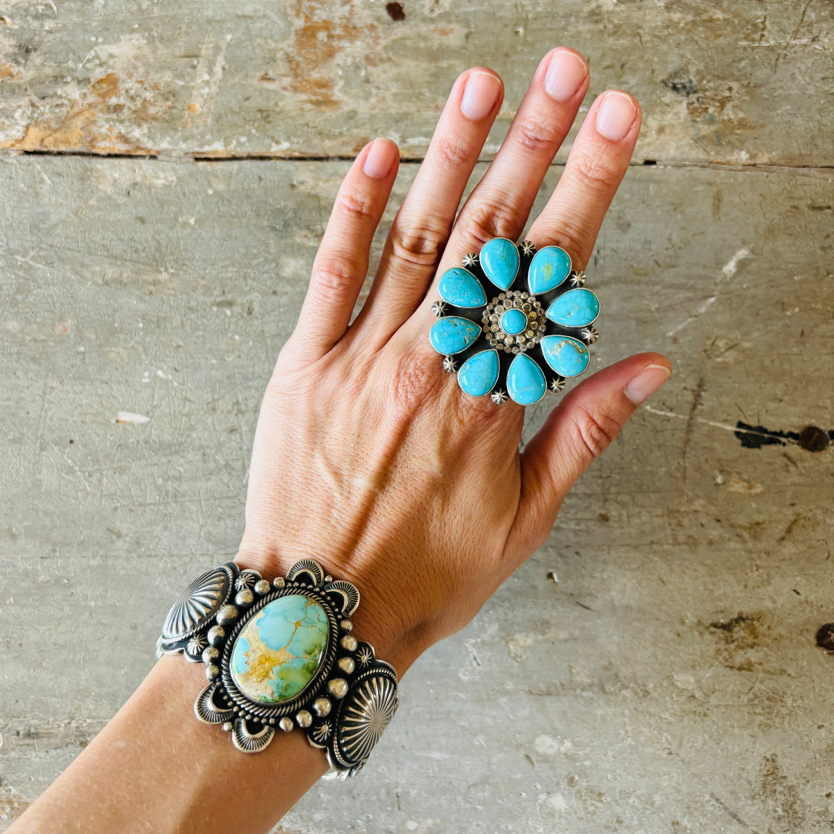 Navajo Aaron Talis Sterling Silver & Blue Ridge Turquoise Floral Cluster Ring