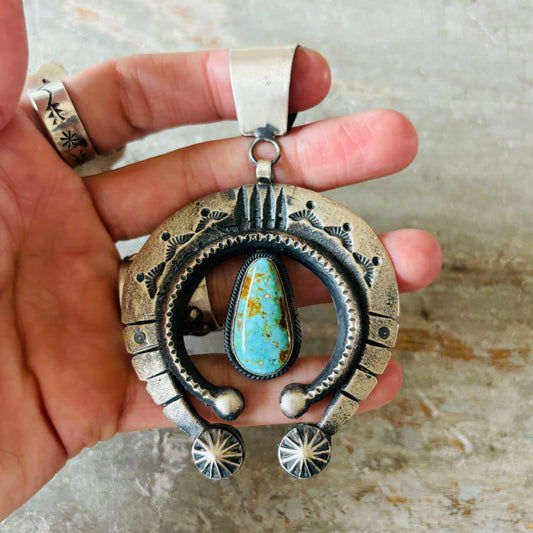 Navajo Hemerson Brown Sterling Silver & Kingman Turquoise Naja Pendant
