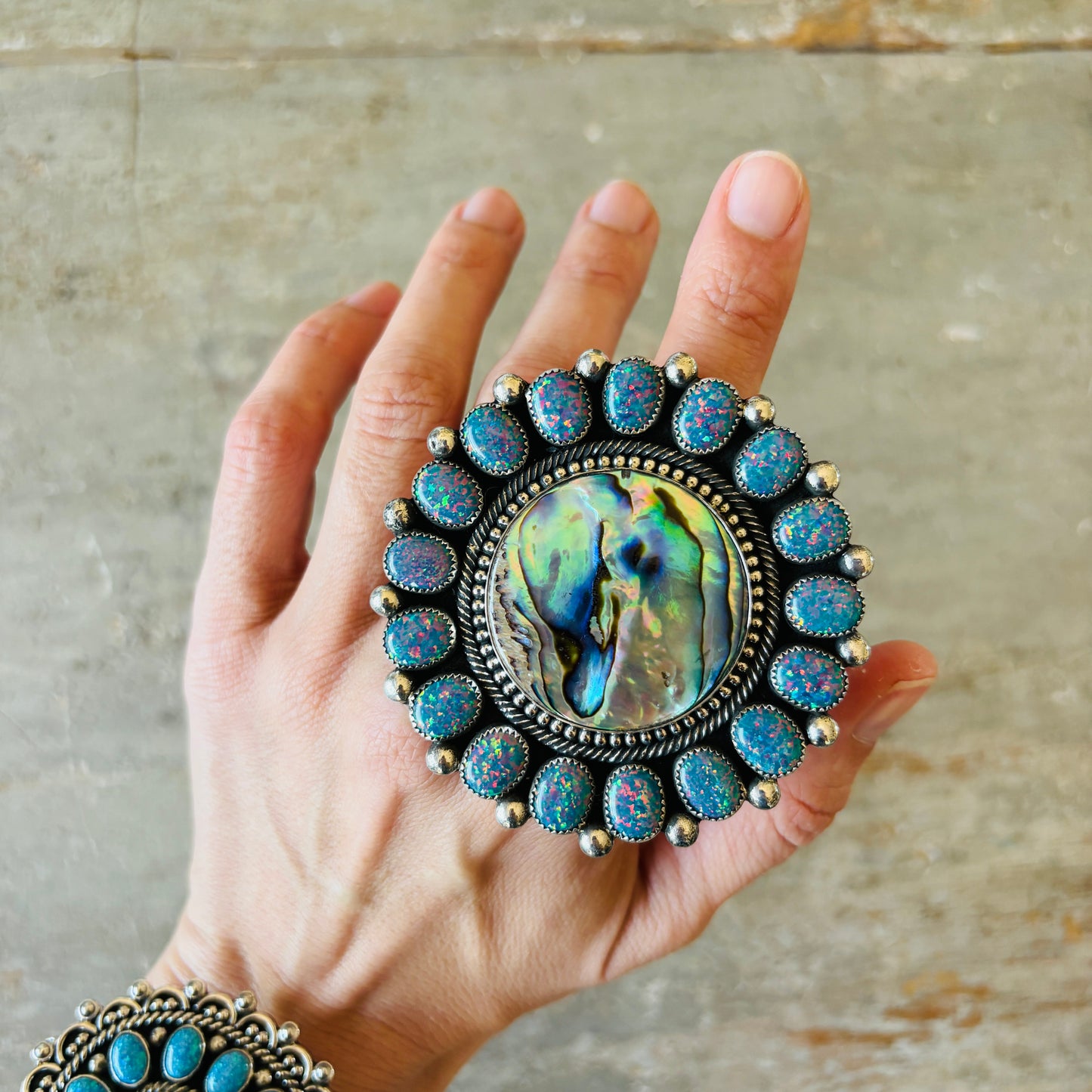 Navajo Hemerson Brown Sterling Silver - Abalone & Purple Lab Opal Cluster Statement Ring