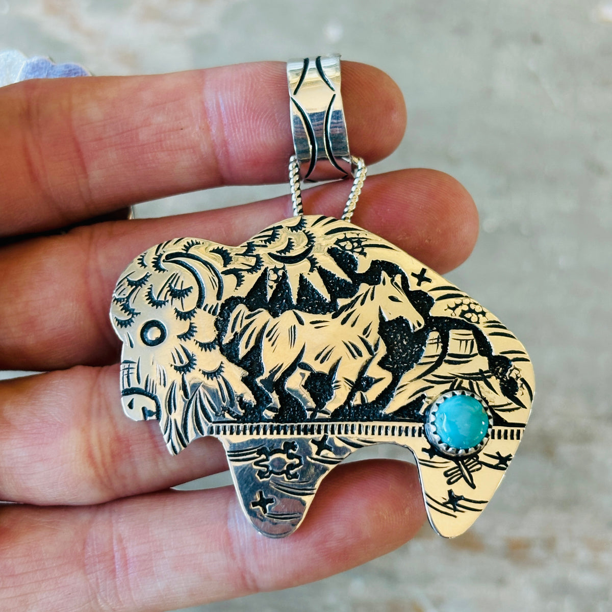 Navajo Richard Singer Sterling Silver & Kingman Turquoise Bison - Horse Pendant