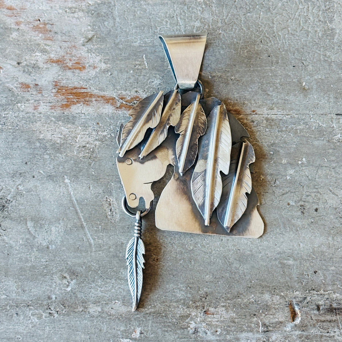 Navajo Miranda Willie Sterling Silver Horse Feathers Pendant