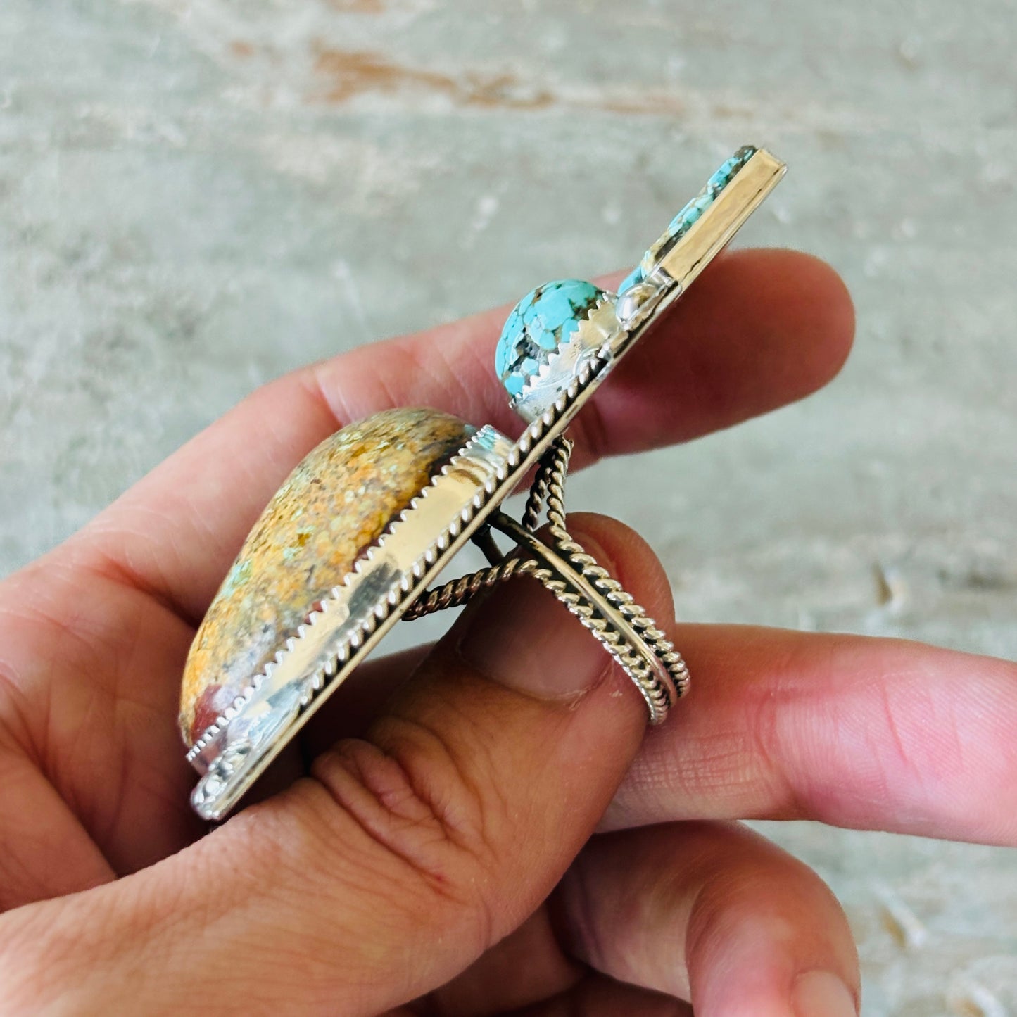 Navajo Bryan Tom Sterling Silver - Kingman - Lone Mountain Turquoise & Dinosaur Bone Maiden Ring