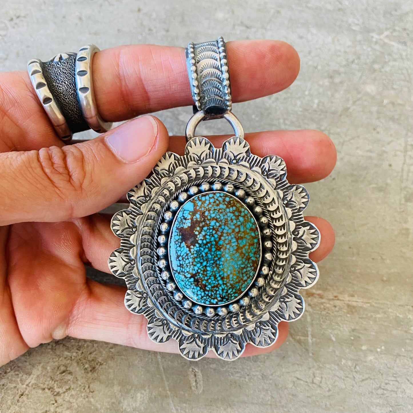 Navajo Dustin Francisco Sterling Silver & Kingman Turquoise Pendant